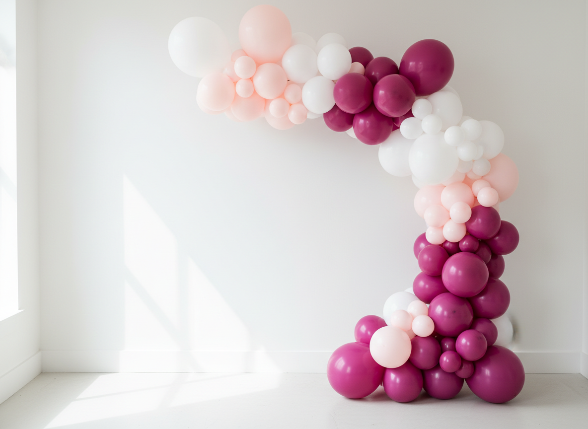 An elegant, minimal editorial photograph of a sculptural balloon installation — an organic arch of balloons in soft blush pink, white, and deep magenta against a clean bright white studio wall.